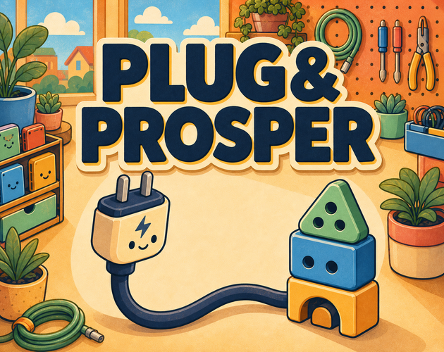 Plug & Prosper cover art with a smiling plug and a colorful stack of adapters in a cheerful workshop