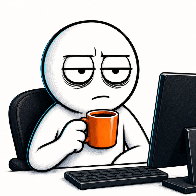 Illustrated tired operator holding an orange coffee mug at a computer